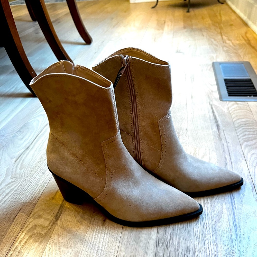 Tan Suede Booties/Boots: Size 8. Pointed toe